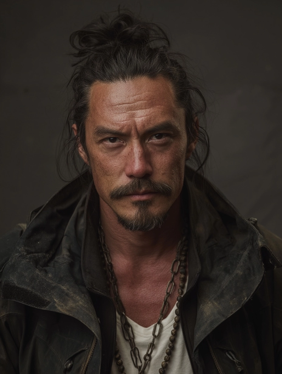 A photorealistic portrait of a cool and handsome 36-year-old Chinese man, slim and wiry build