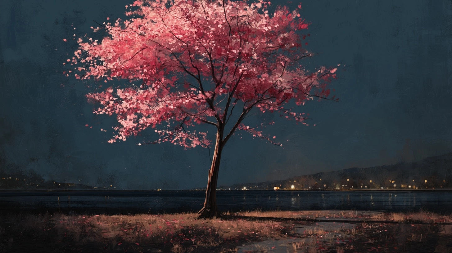 A single cherry tree on a dark evening