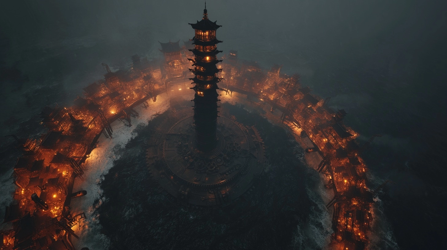 An epic ultra-wide-angle aerial top-down perspective of a gargantuan maritime steampunk megastructur