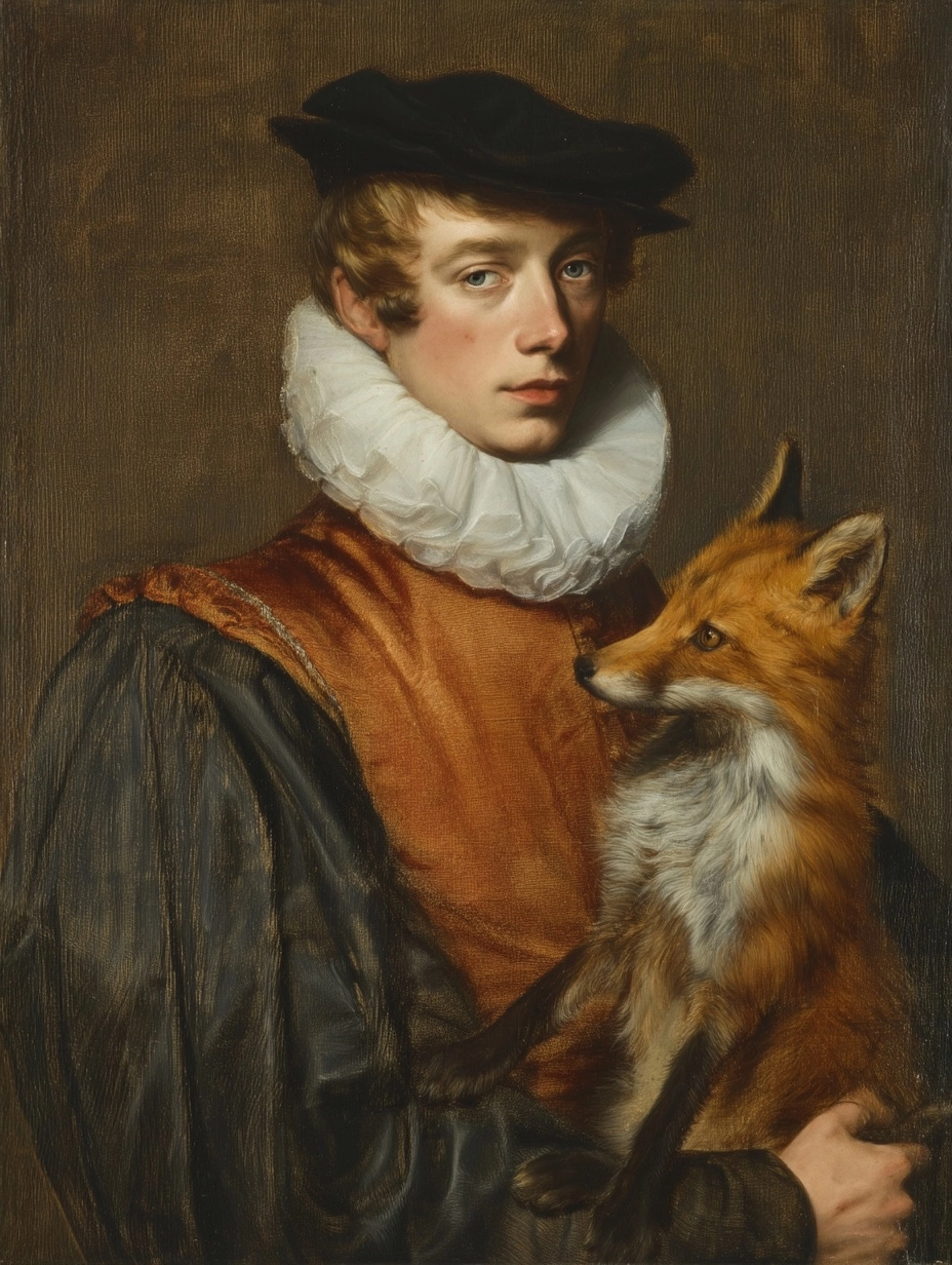 A 16th century Dutch painting showing a young man in his early 20s and his favourite little fox