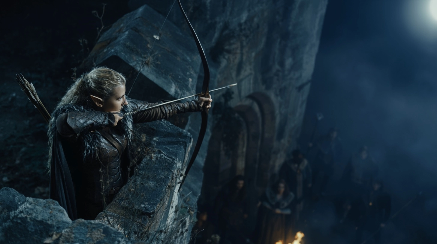 Blond elf archer in leather armor hiding on medieval battlement, drawing bow