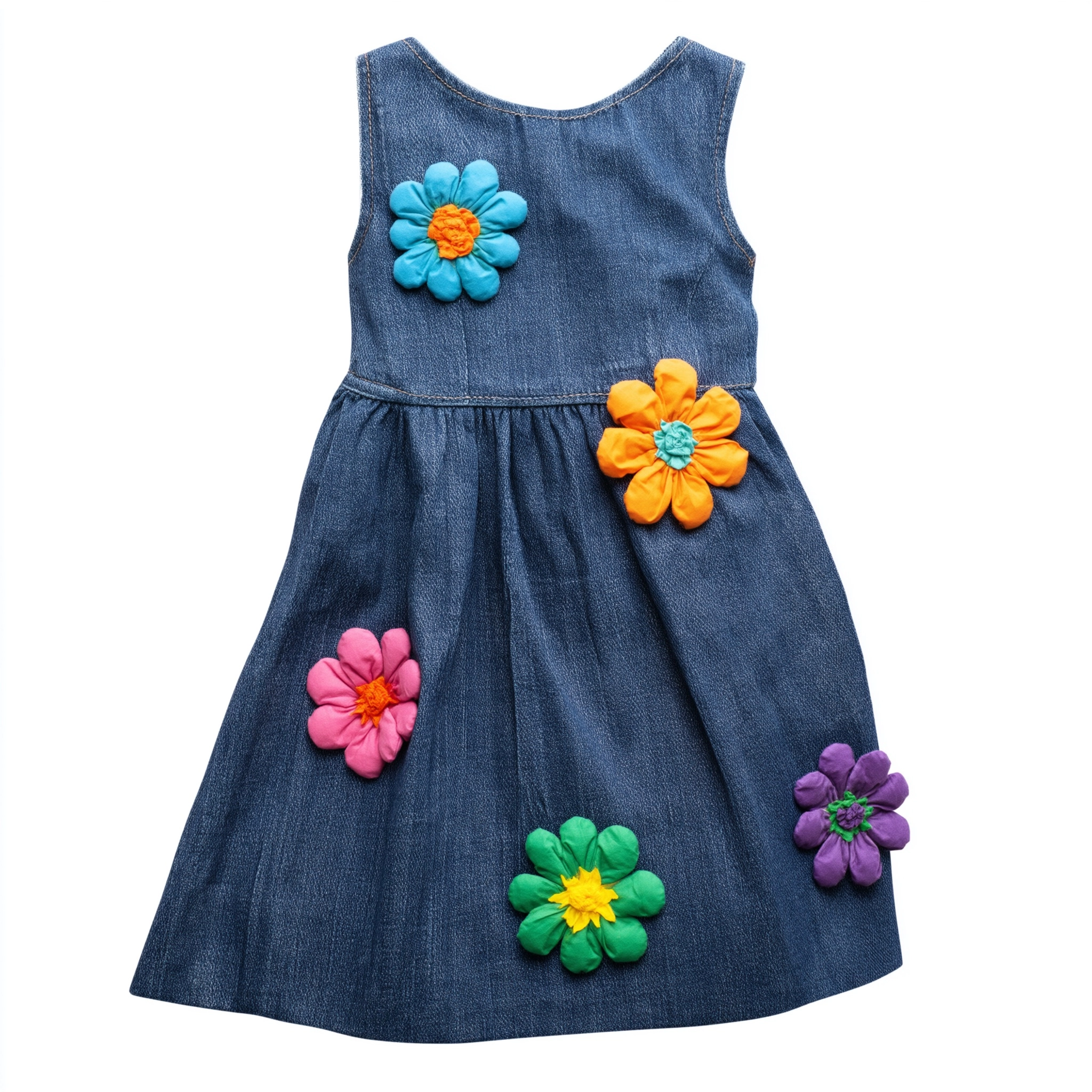 Design a child's dress based on this image. The dress is crafted from denim fabric and features an a