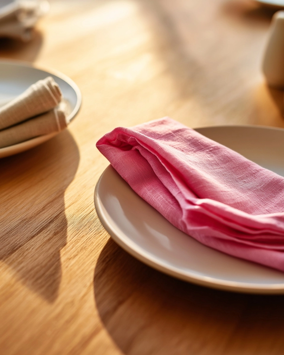 Folded fabric napkins beside salad plates, angled view of table setting