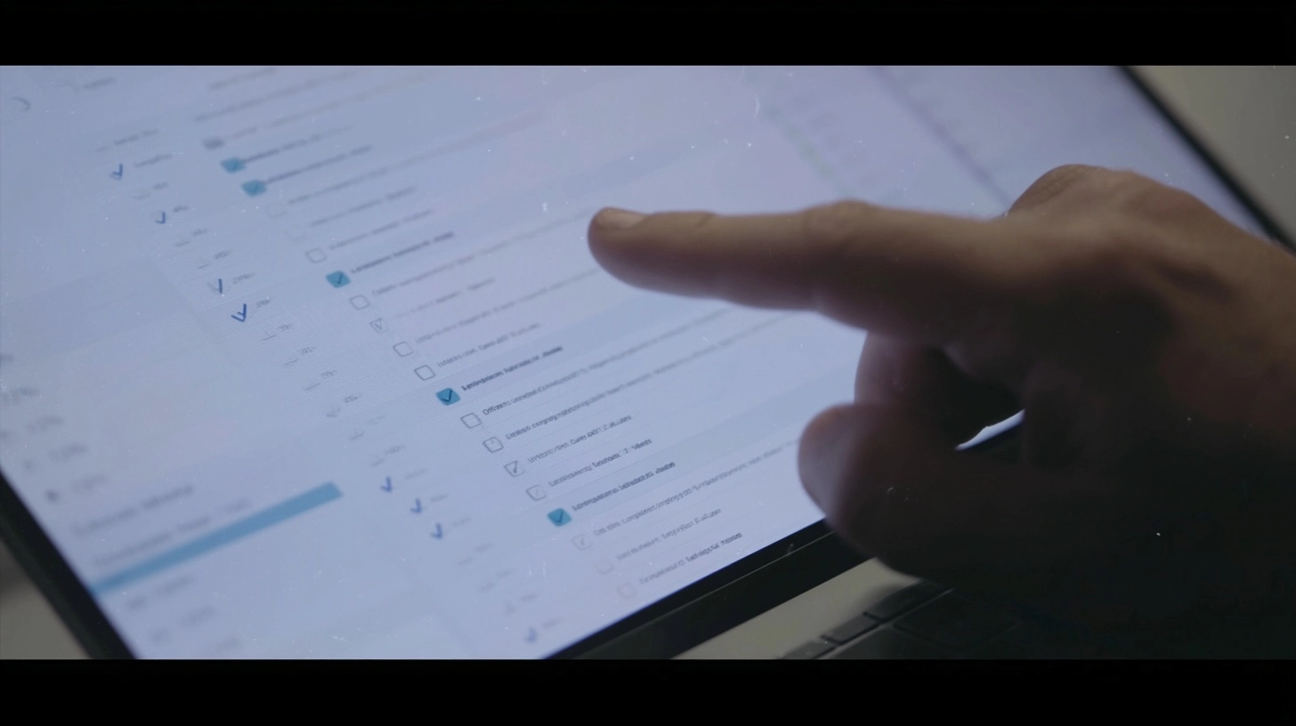 Documentary still, close-up of a simple performance dashboard on a laptop showing a timeline of comp