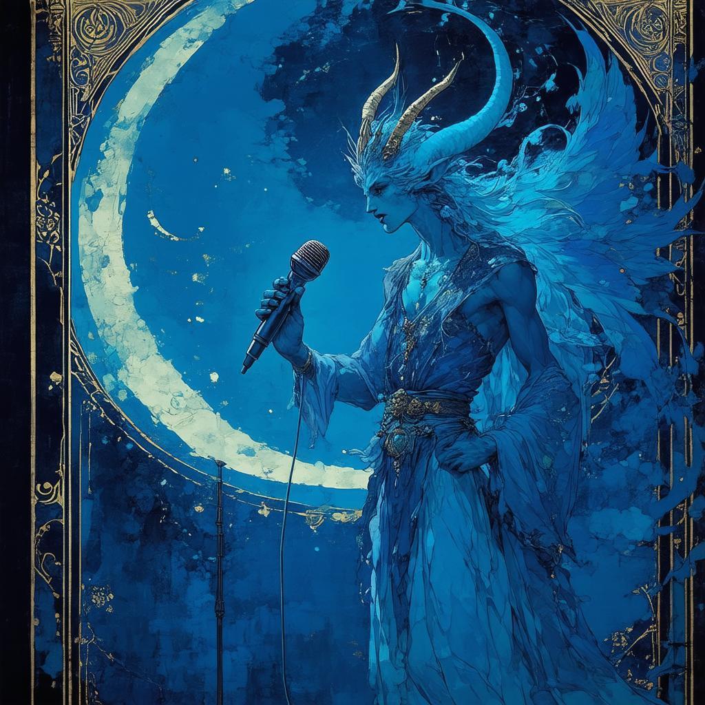 Blue Djinn With Microphone in Mucha Fresco