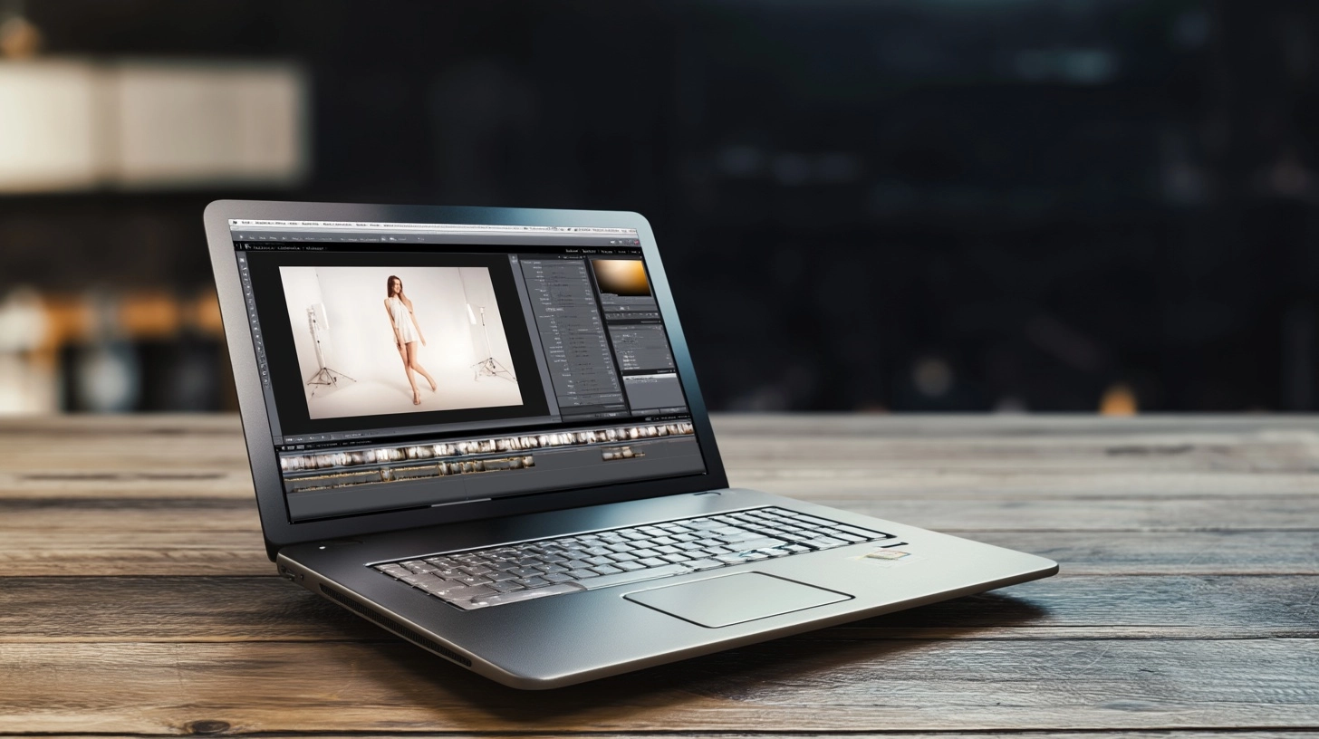 Hyper-sharp macro shot of a sleek laptop screen displaying a photo editing software interface with a