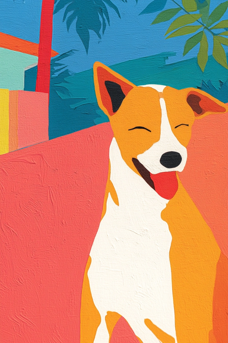 Matisse style oil painting, bright colors, Indian pariah dog, happy, at parra road in Goa