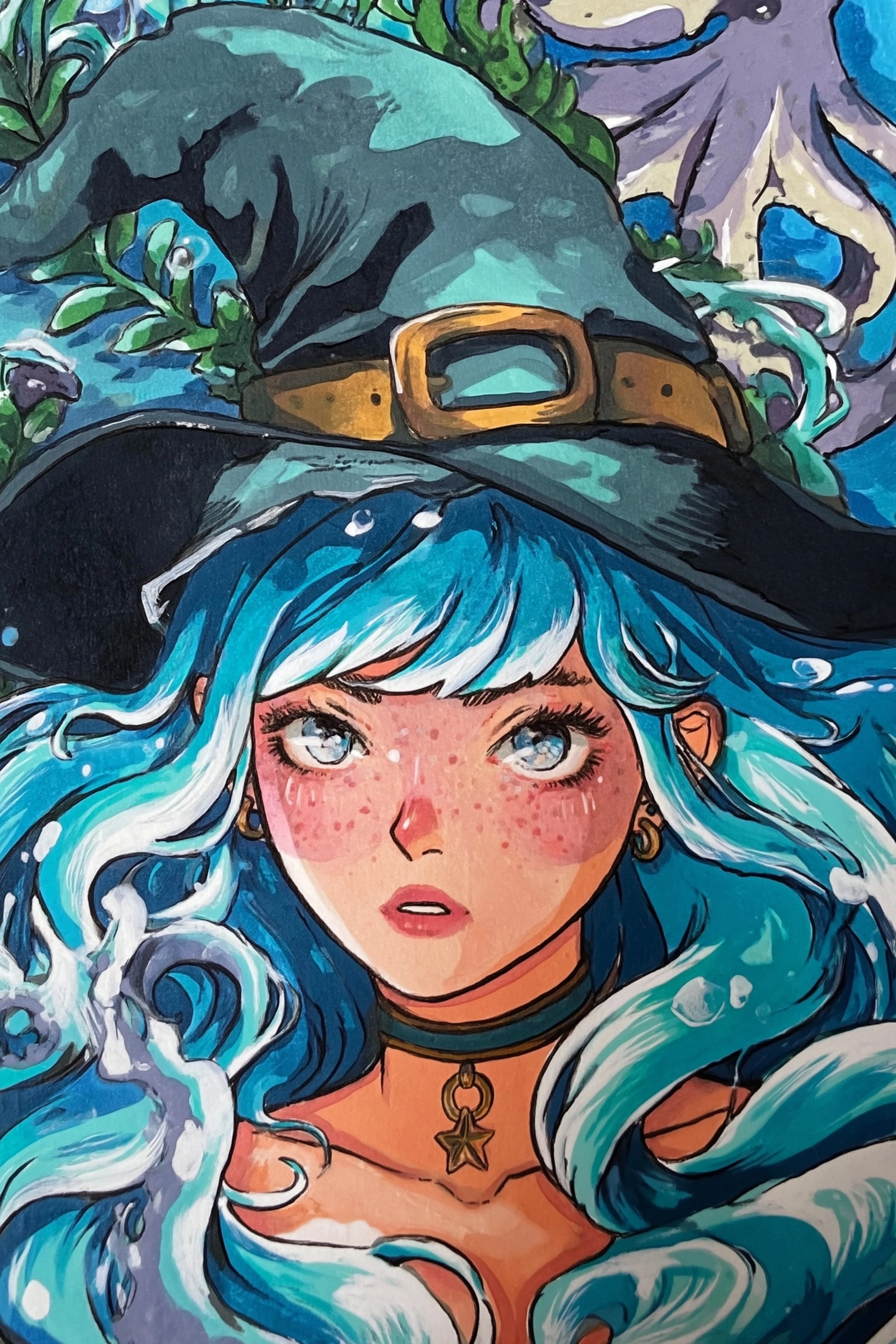 An anime style portrait of a sea witch drawn with acrylic paint markers