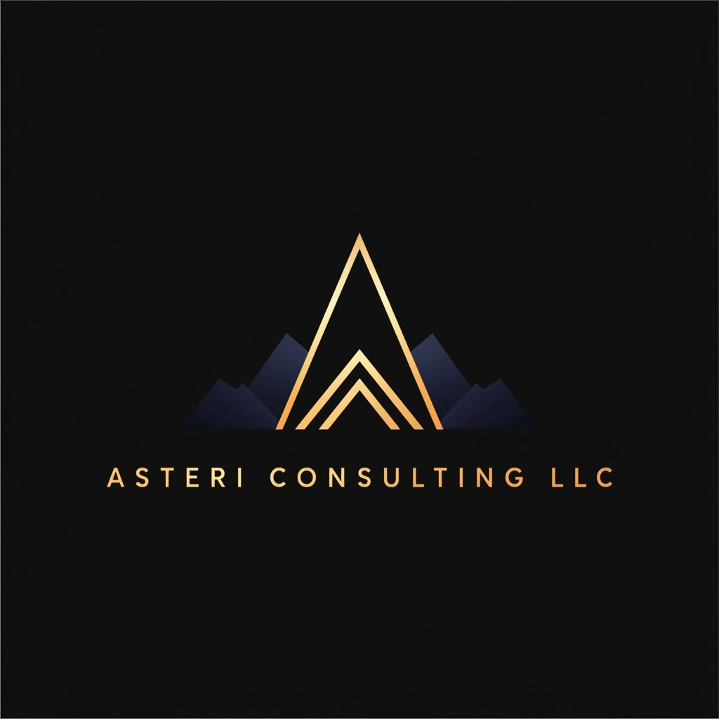 Minimalist flat vector logo, pure black background, foreground element is a large geometric gold let