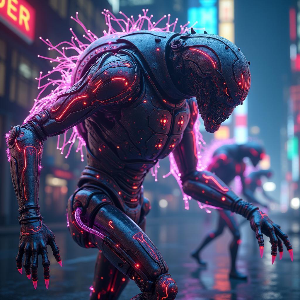 Cybernetic Ghosts in Bioluminescent Neon Machinery