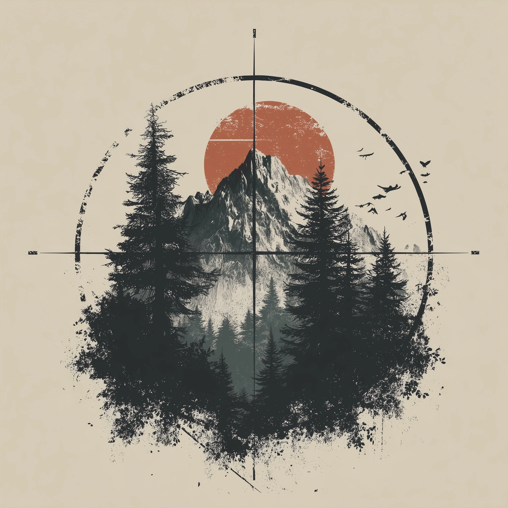 Sniper scope reticle, minimalist mountain and forest silhouette, strong and sharp geometric lines