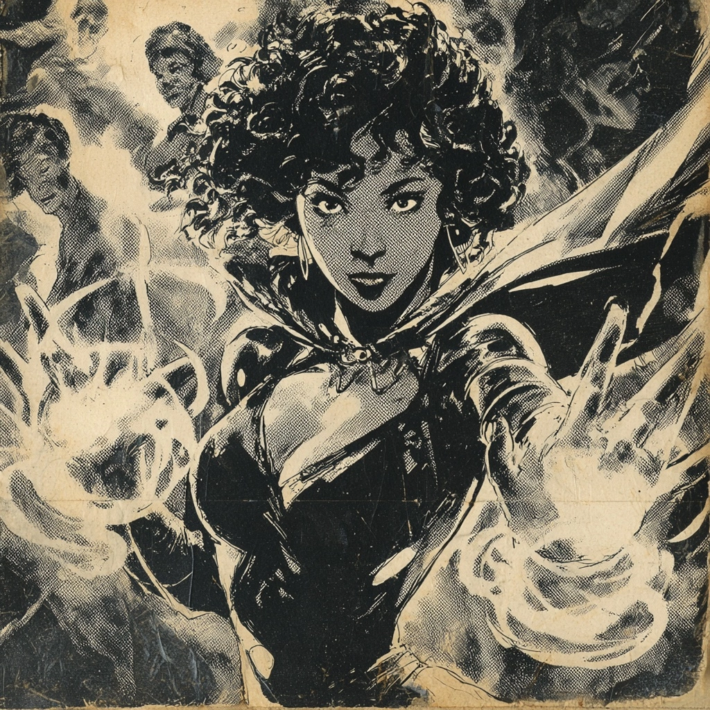 Vintage 1970s comic book illustration of a young brown-skinned Black woman superhero with dark curly