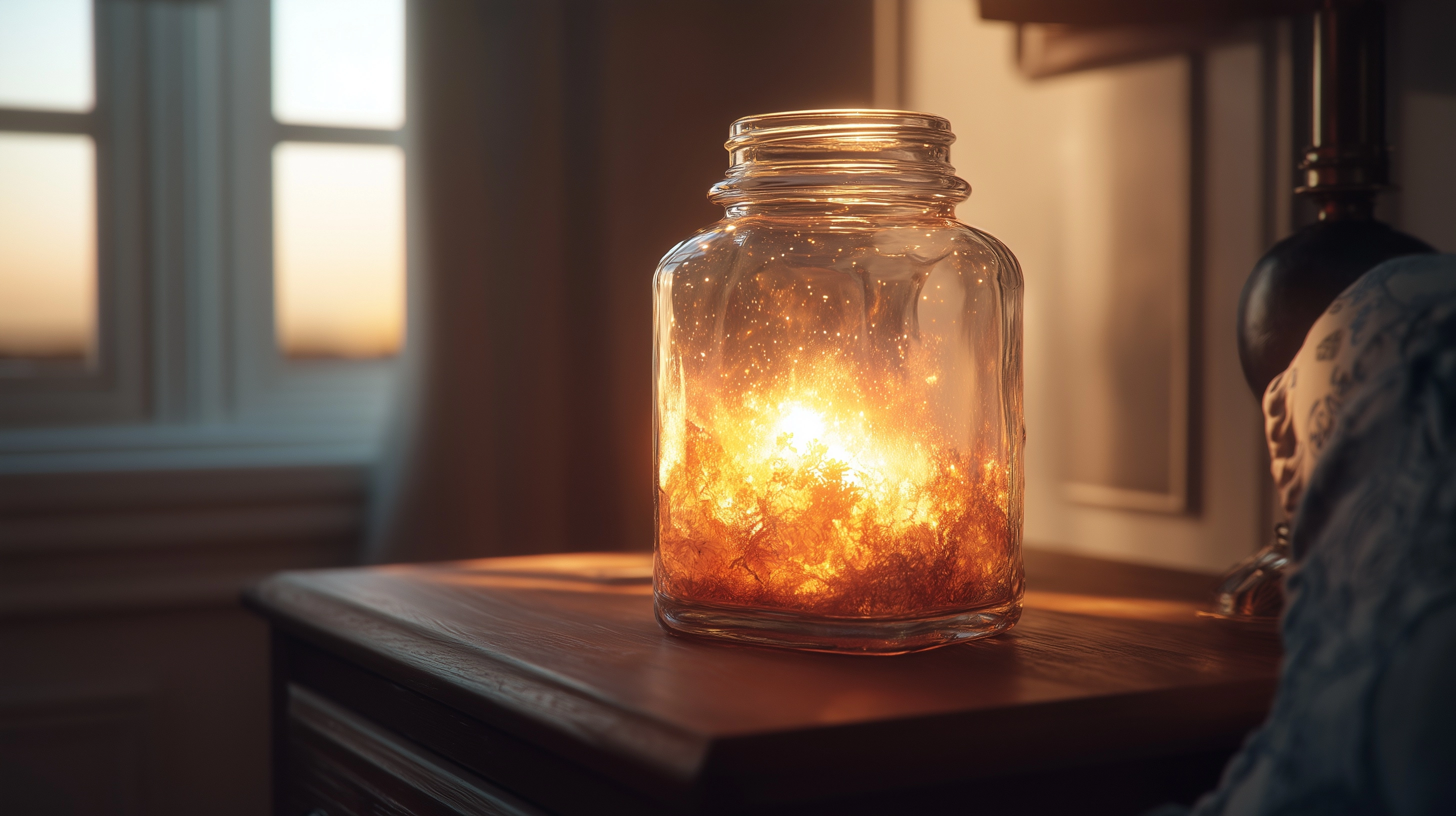 A hyper-realistic fantasy illustration of a glass jar on a wooden nightstand