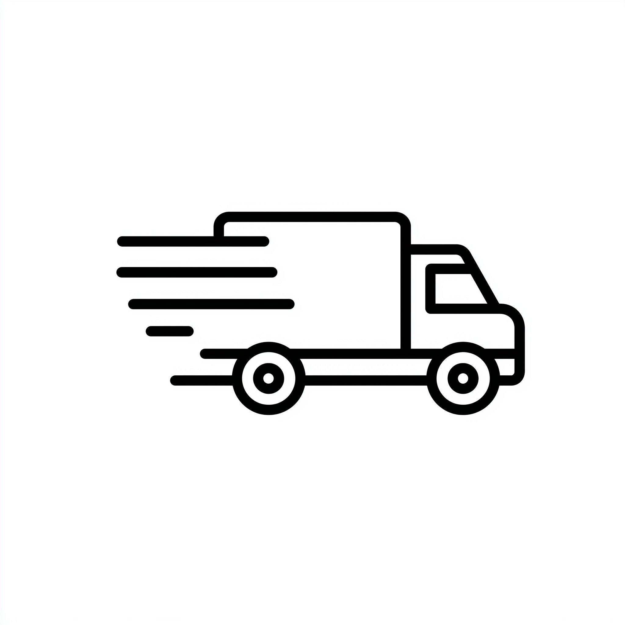 A minimalist line art UI icon of a delivery truck moving fast with horizontal speed lines behind it