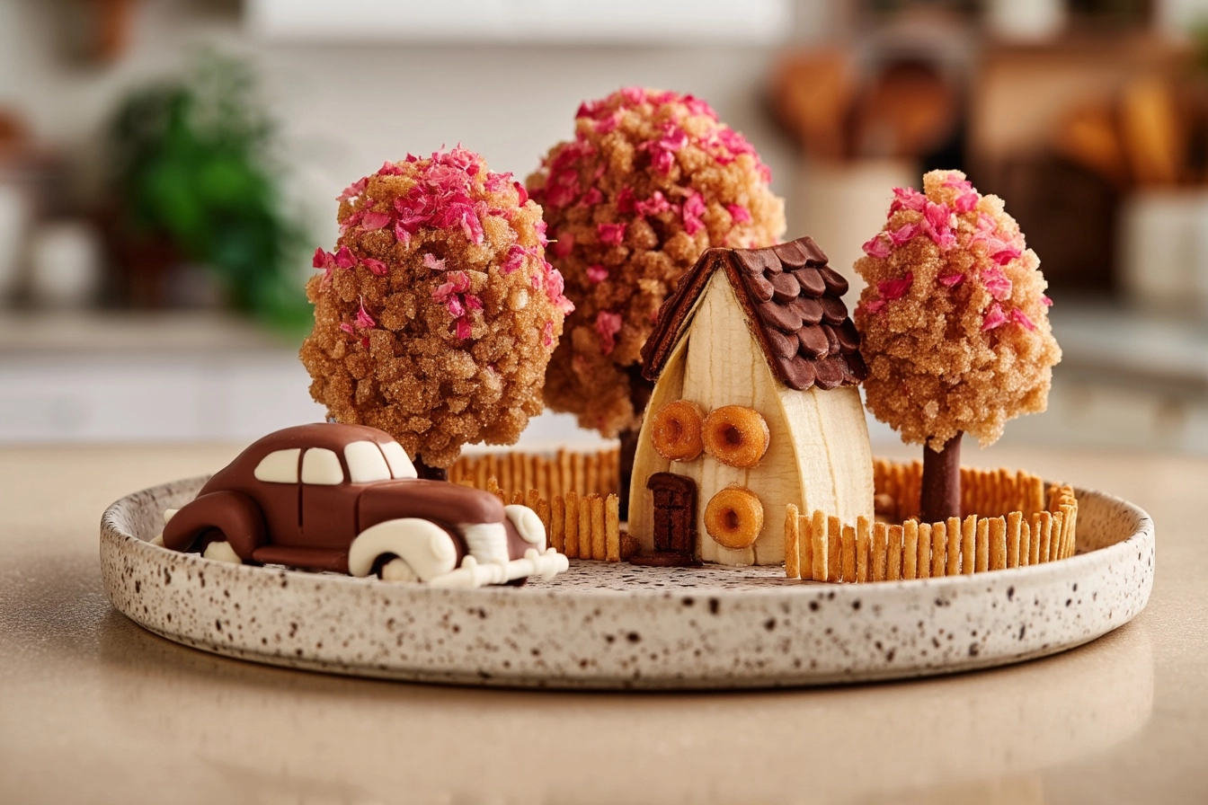 A whimsical edible village crafted from food - a cozy banana peel house with chocolate roof tiles an