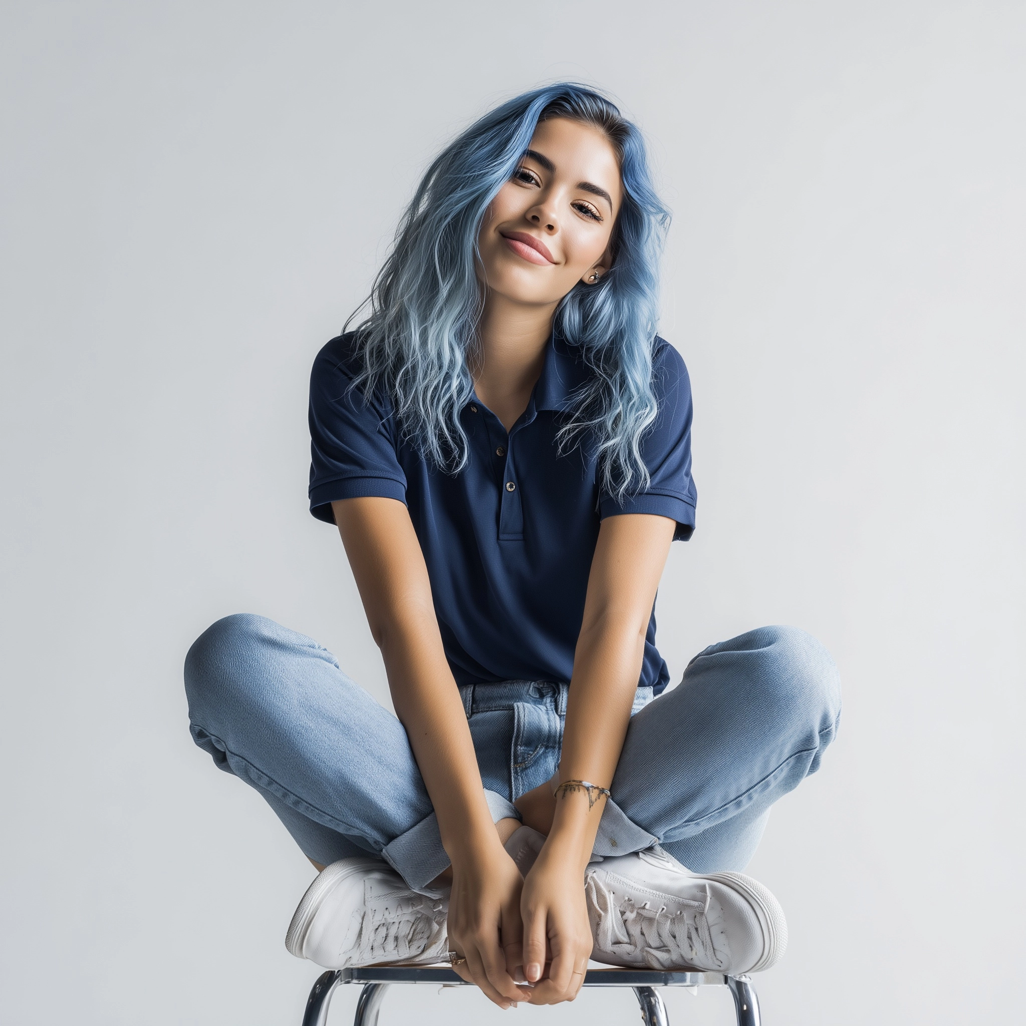 A young Latina woman, sitting on a school chair in a relaxed pose