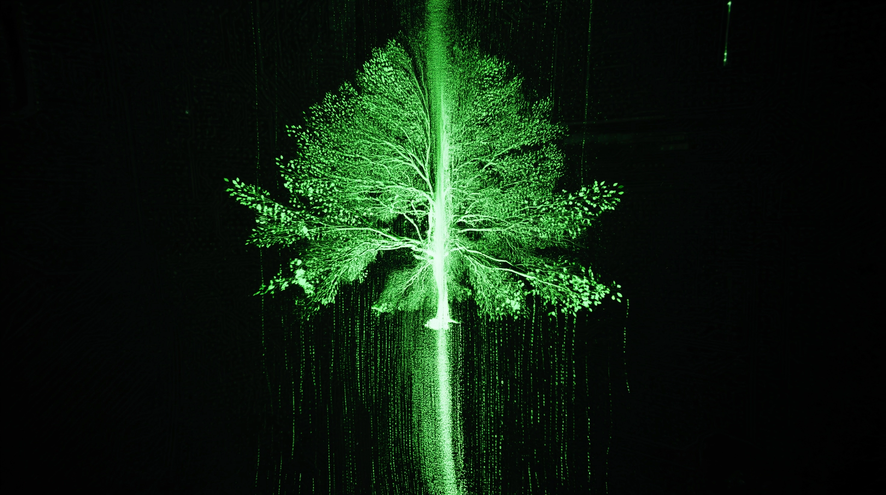 Abstract visualization of a tree made of light, branches of binary code