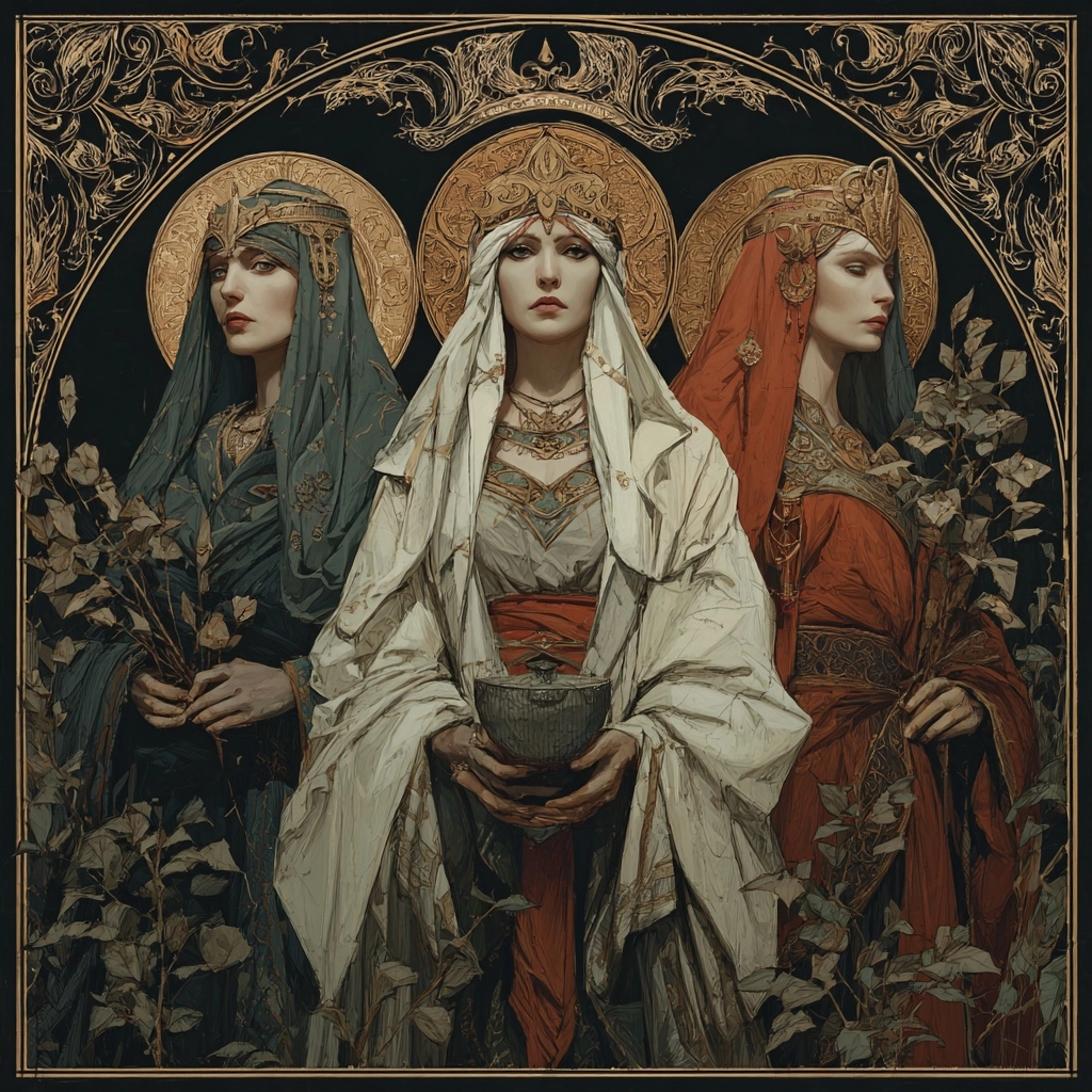 An oil painting representing the 3 Fates (moirai). Traditionnal iconography