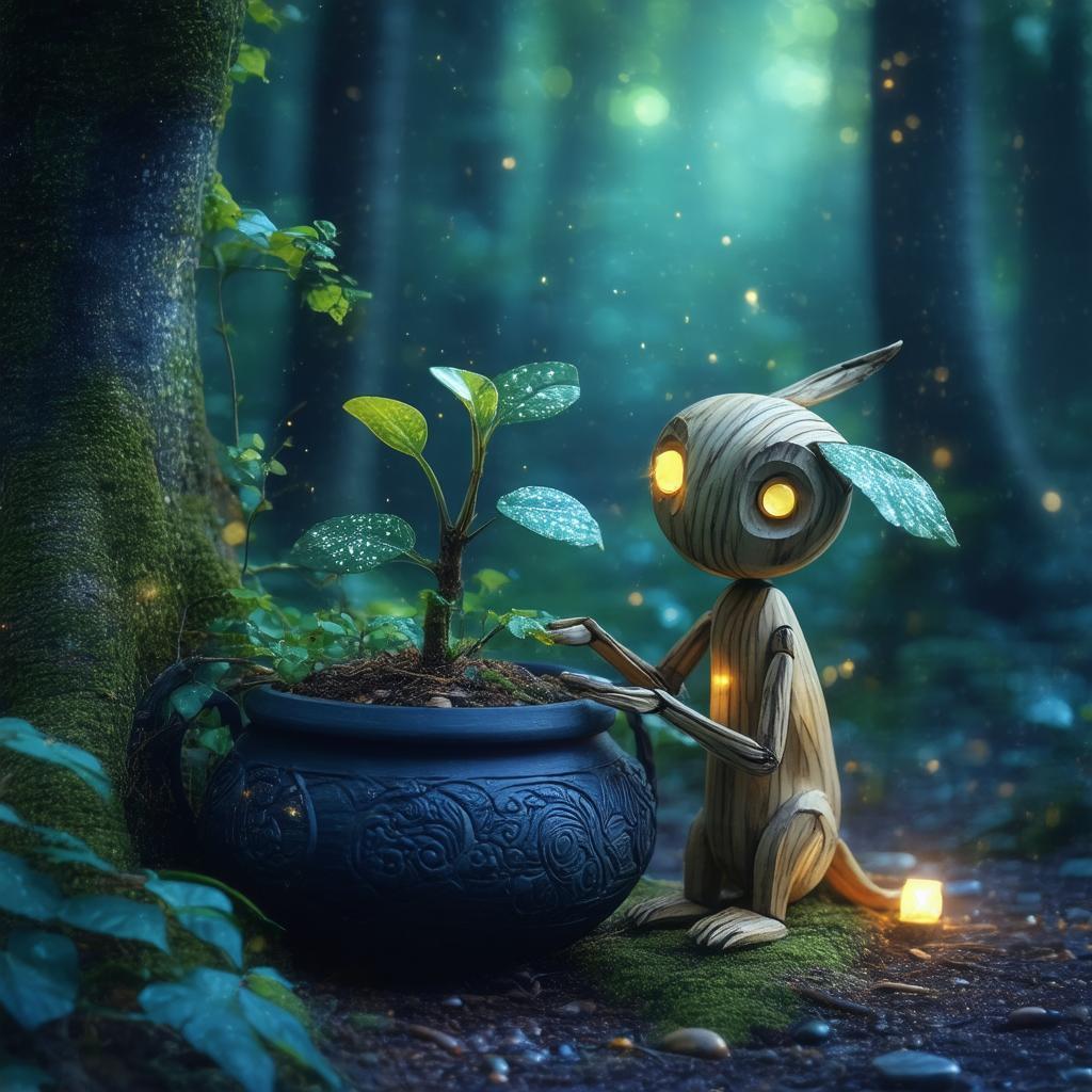 Wooden Forest Creature Tending a Glowing Plant