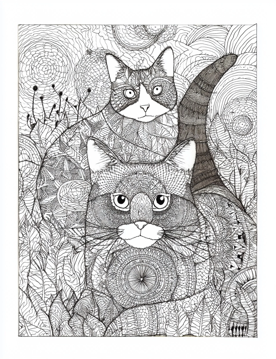 Colouring book crossing cats with mandala patterns for beginners. Black and white only.