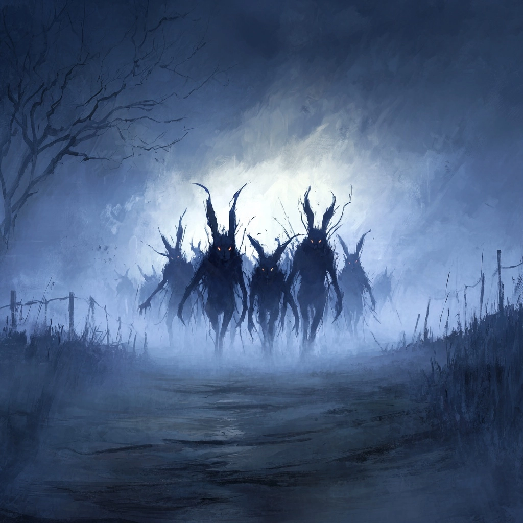Creepy fog bunnies approaching fantasy art