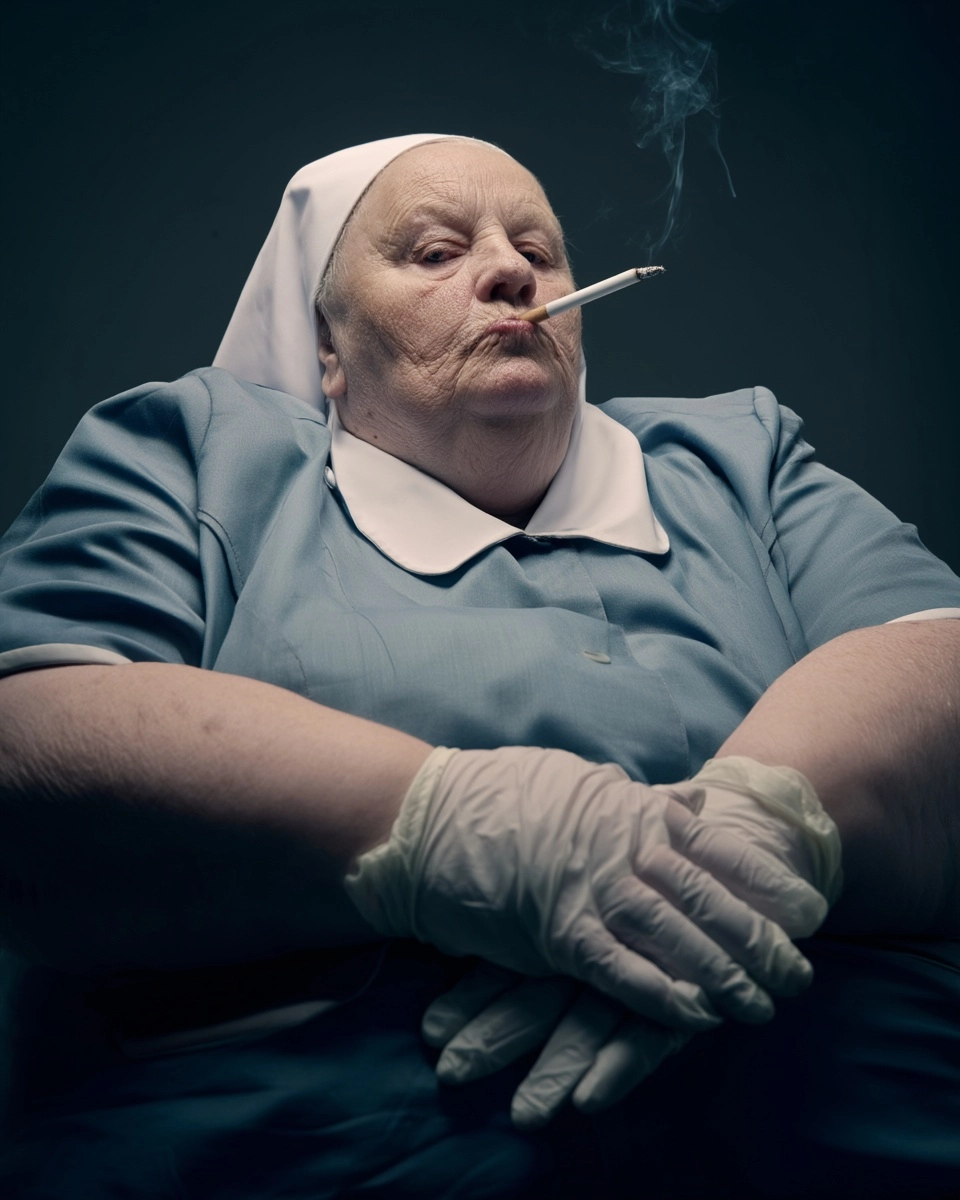 Elderly large unpleasant nurse in uniform smoking a cigarette