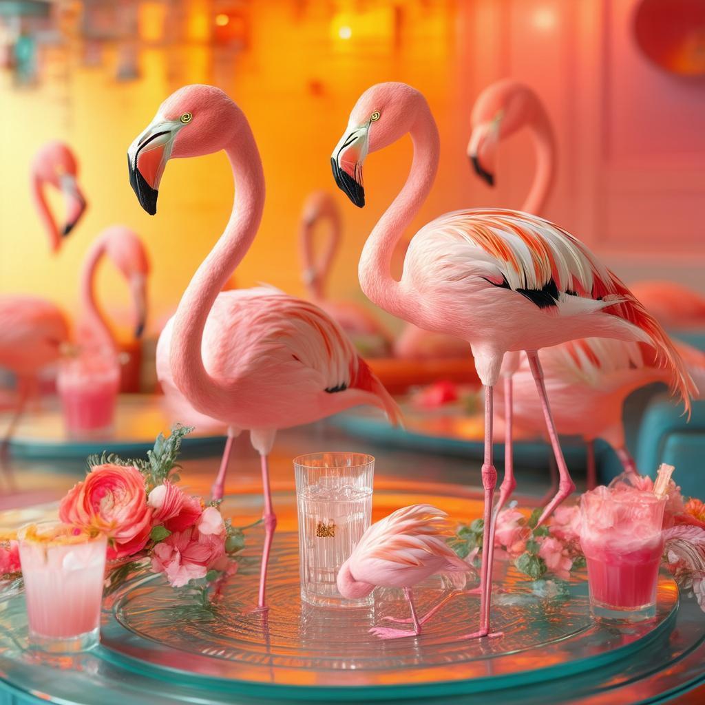 Photorealistic Flamingo Cafe Album Cover Collage