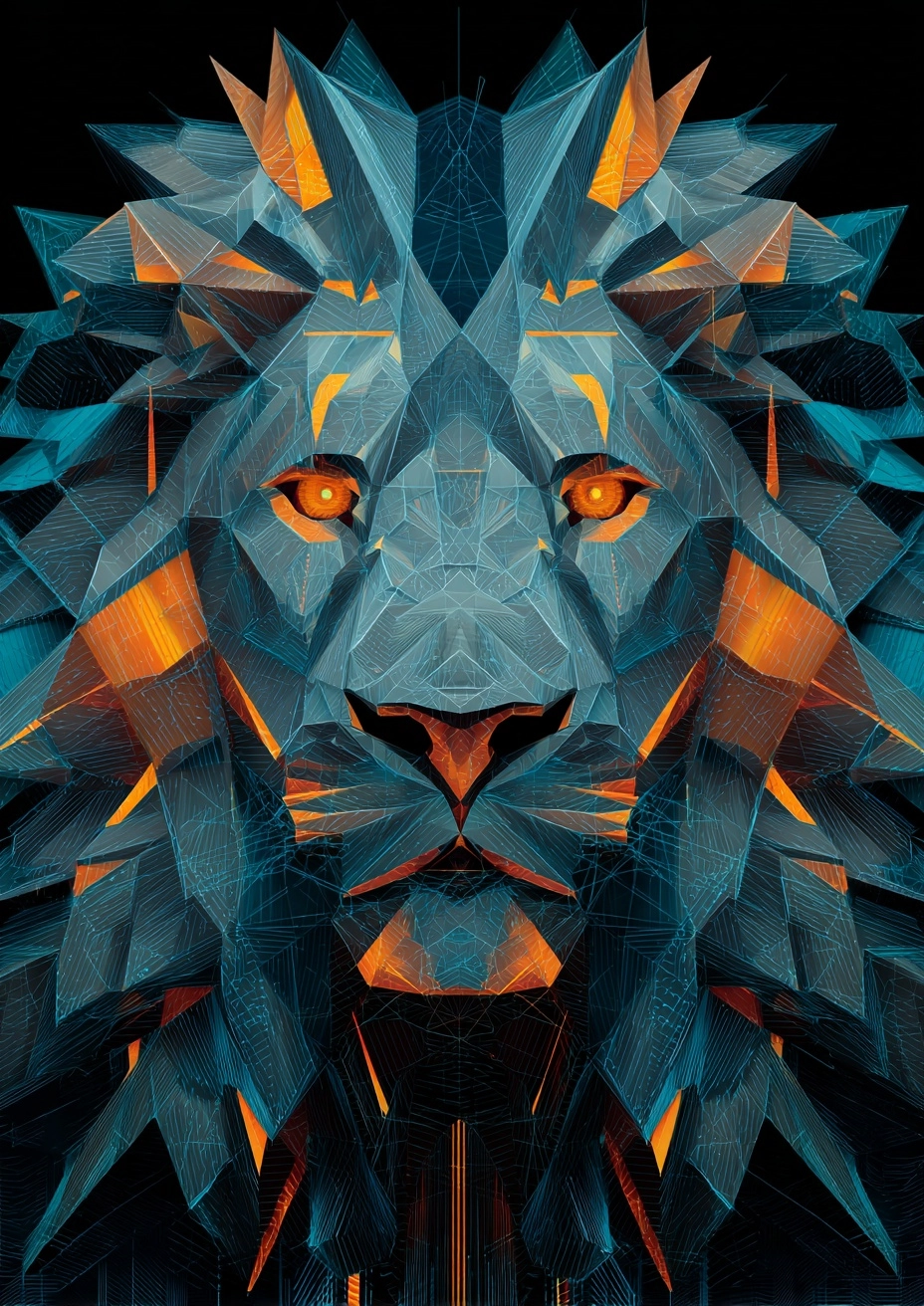 Geometric lion head constructed from sharp polygons and metallic facets, modern abstract design