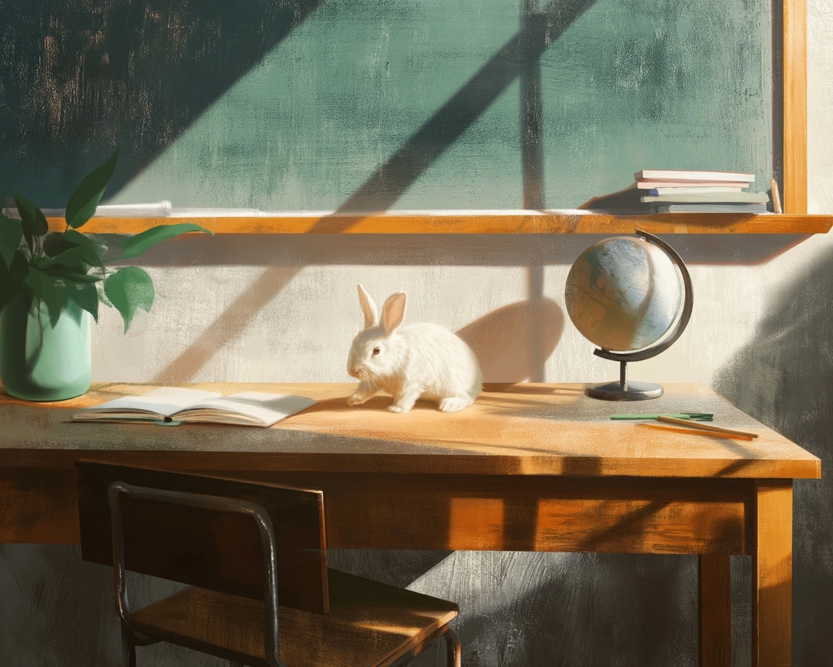 A frontal view closeup of a minimal interior wooden desk with school theme