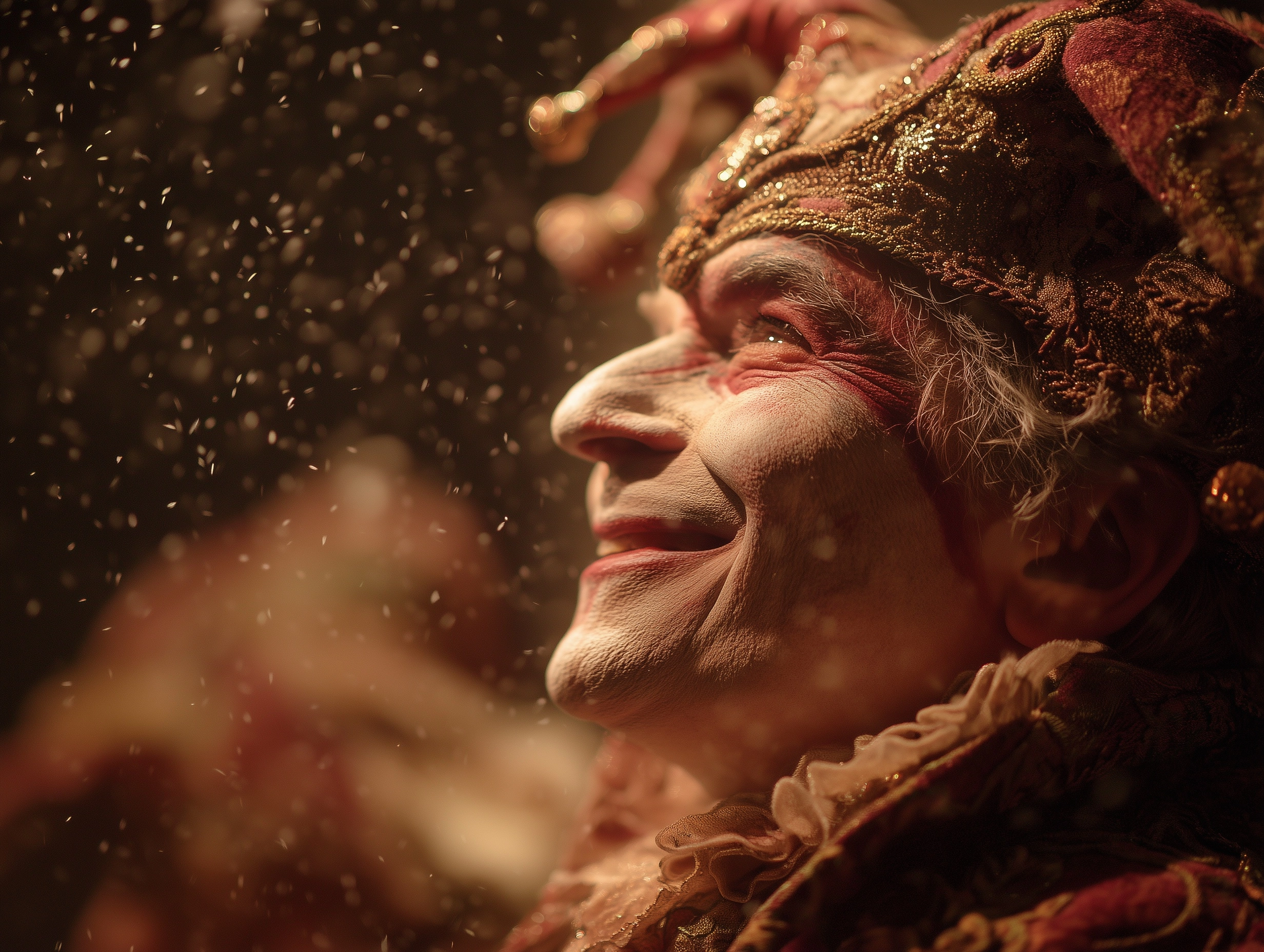 A court jester mid-performance in a palace, joyful and theatrical, inviting laughter