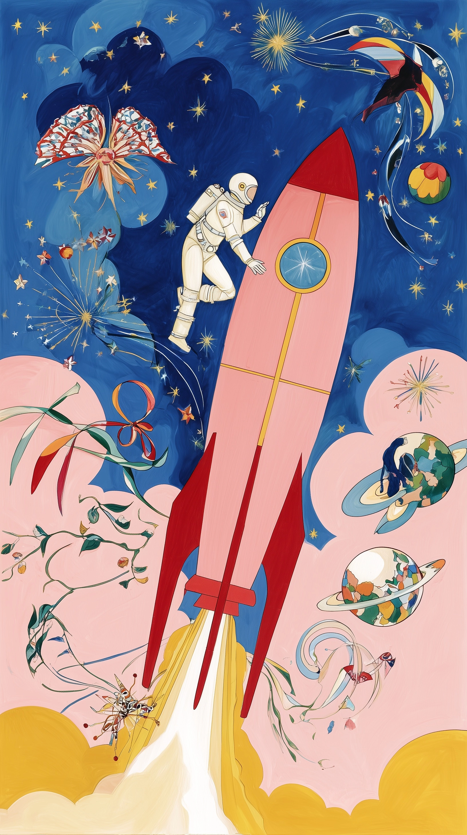 Planets, a rocket, a spaceman and stars. In the center it says "Blast Off"