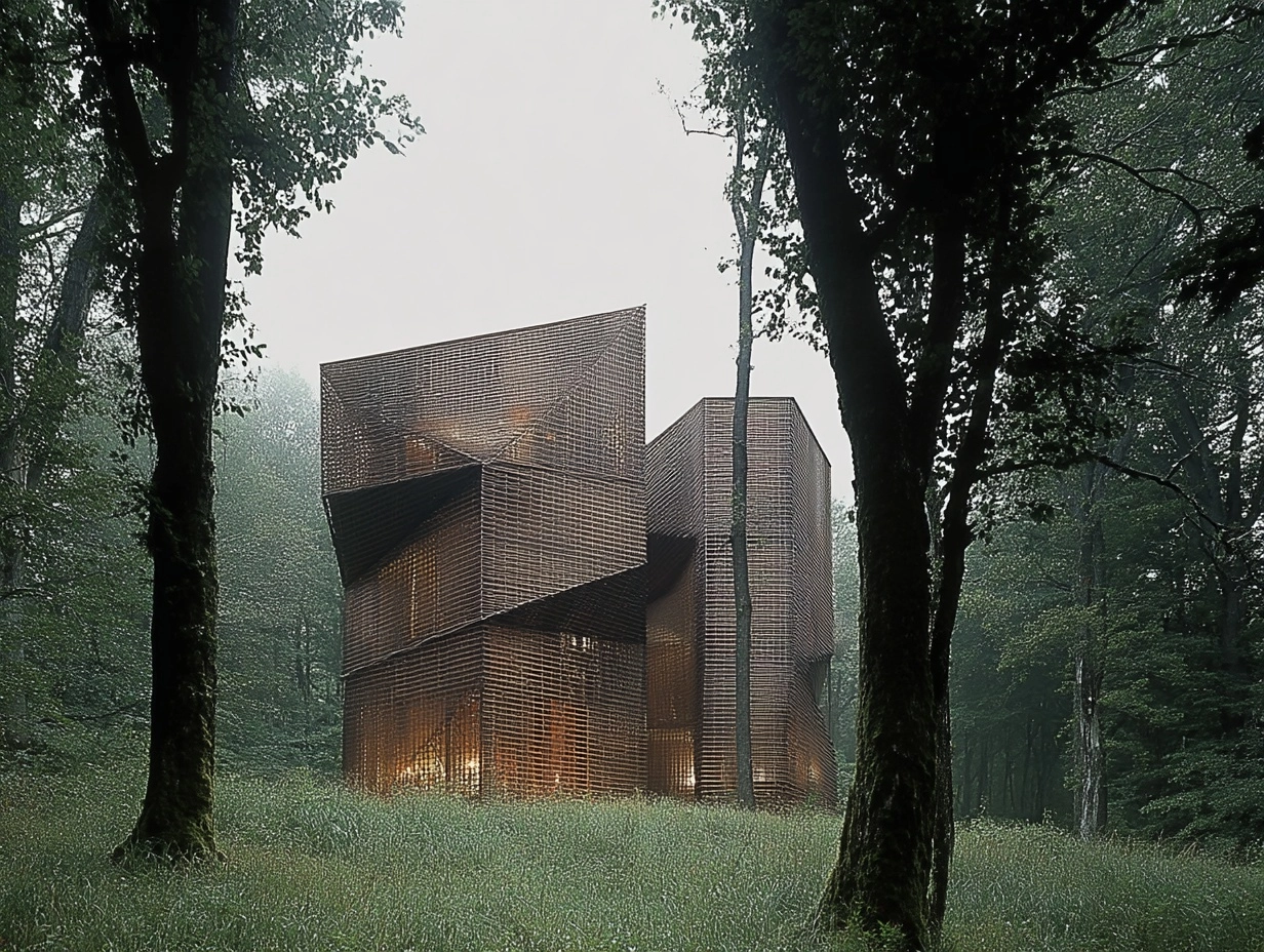 Tall faceted perforated abstract conceptual modern dwelling as two shivering wood lattice volumes th