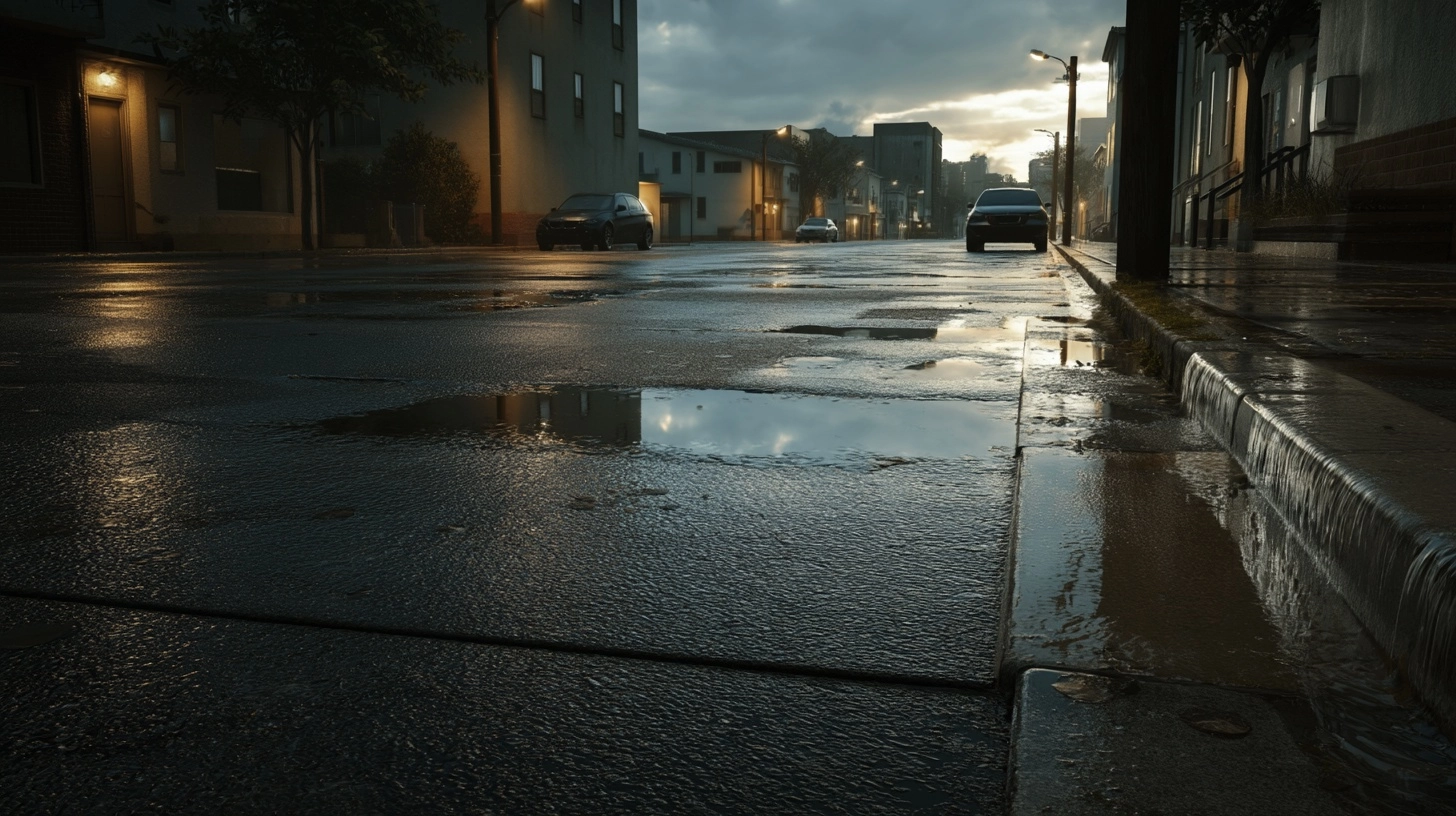Ultra-realistic street-level photograph of a quiet city street just after rainfall. The ground is we