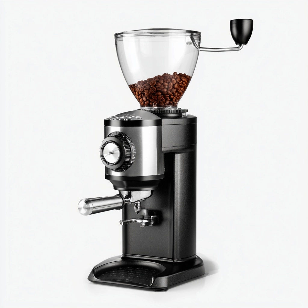 Front facing photo of an Electric Burr Coffee Grinder with a coarseness dial as a progress indicator