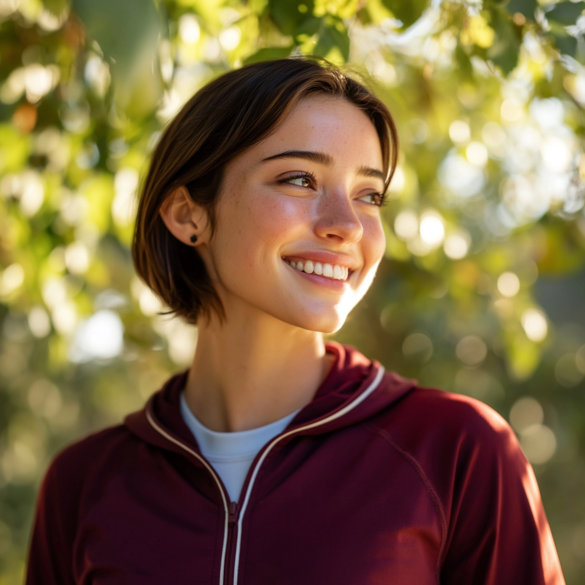 A natural-light portrait photograph of a young woman with a warm