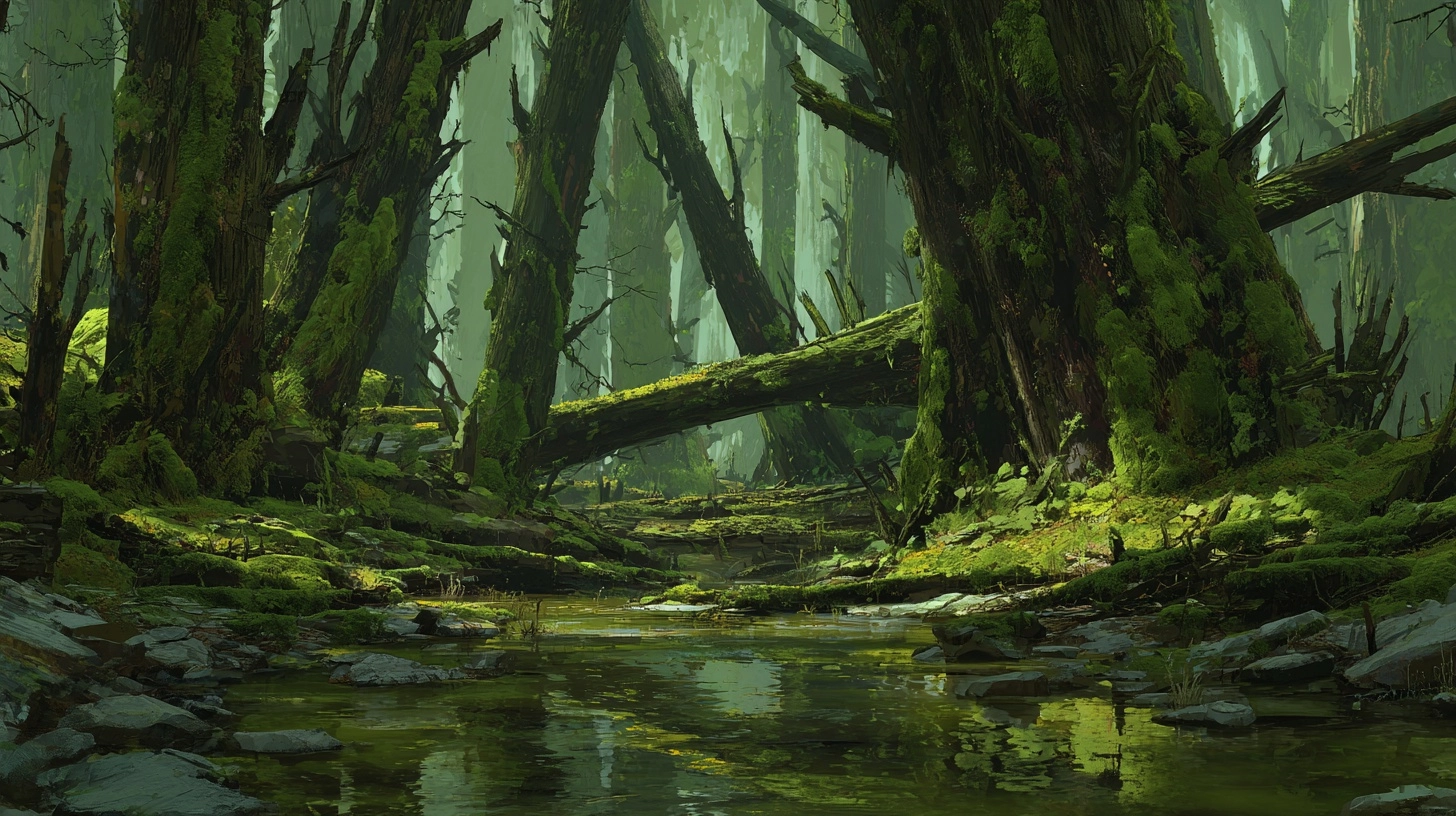 Fantasy, medieval, forest, big trees, moss on trees, broken trees, fallen trees, dim lighting