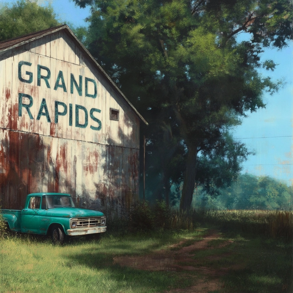 A rustic barn in the summer with a the words "GRAND RAPIDS" painted on the side. The paint is old an