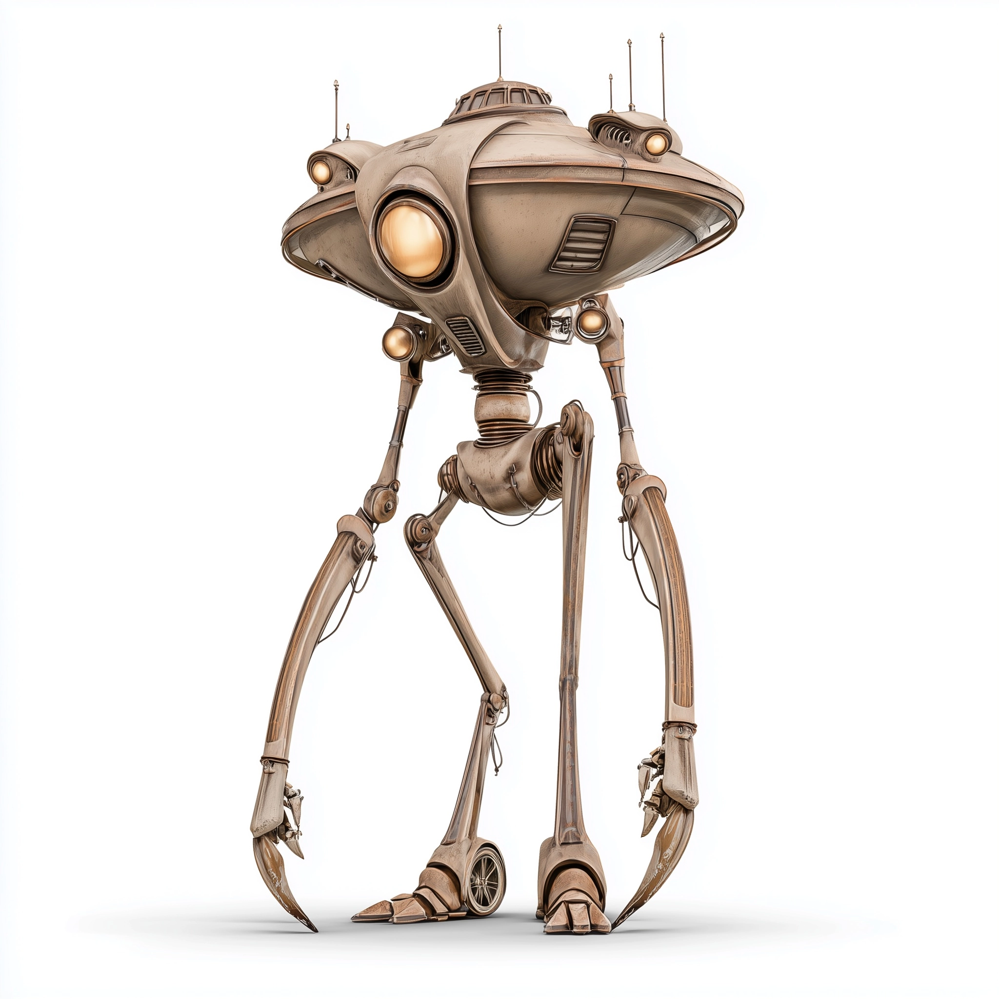Cartoon style three legged mechanical war of the Worlds style alien, very tall with 3 legs