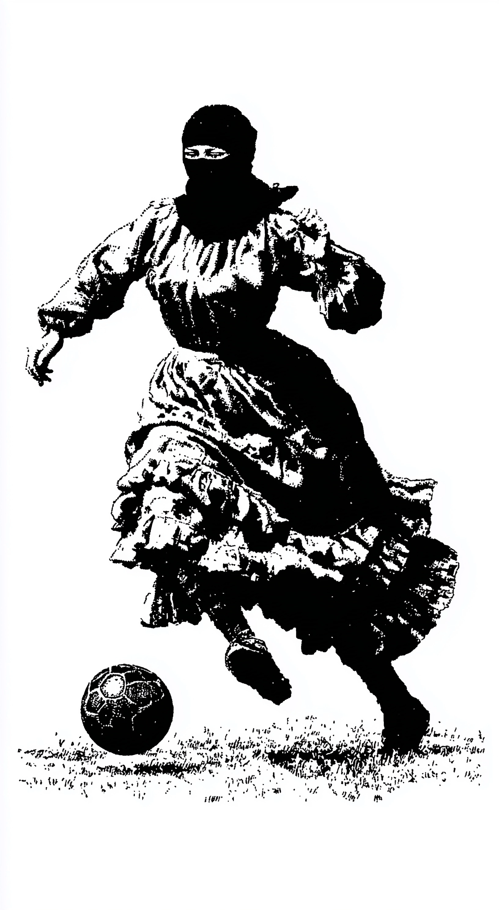 Blackwork tattoo flash illustration of a masked indigenous woman playing soccer