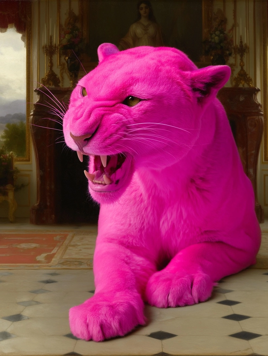 By Bouguereau, a panther that is colored pink, in a castle interior