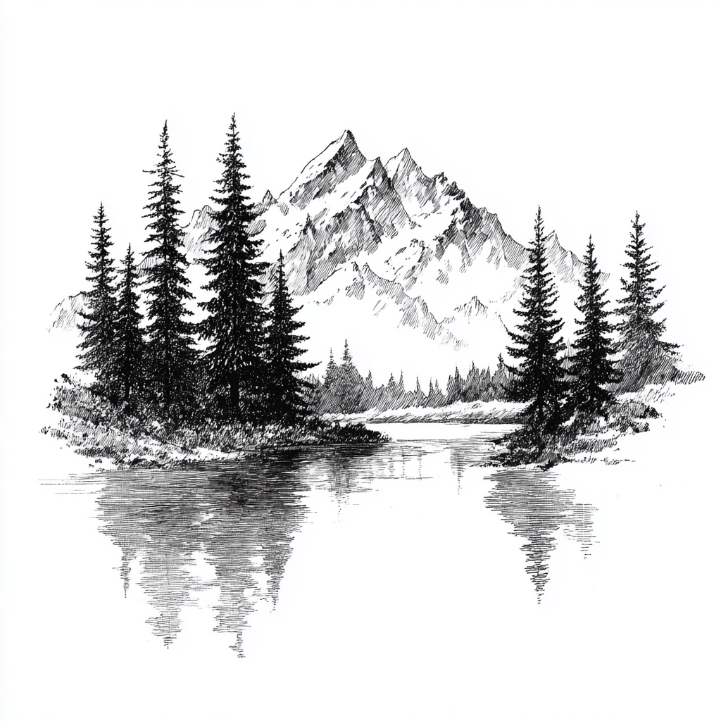 Dessin chaîne de montagne avec des pins qui se reflètent dans une rivière. La rivière est suggérée e