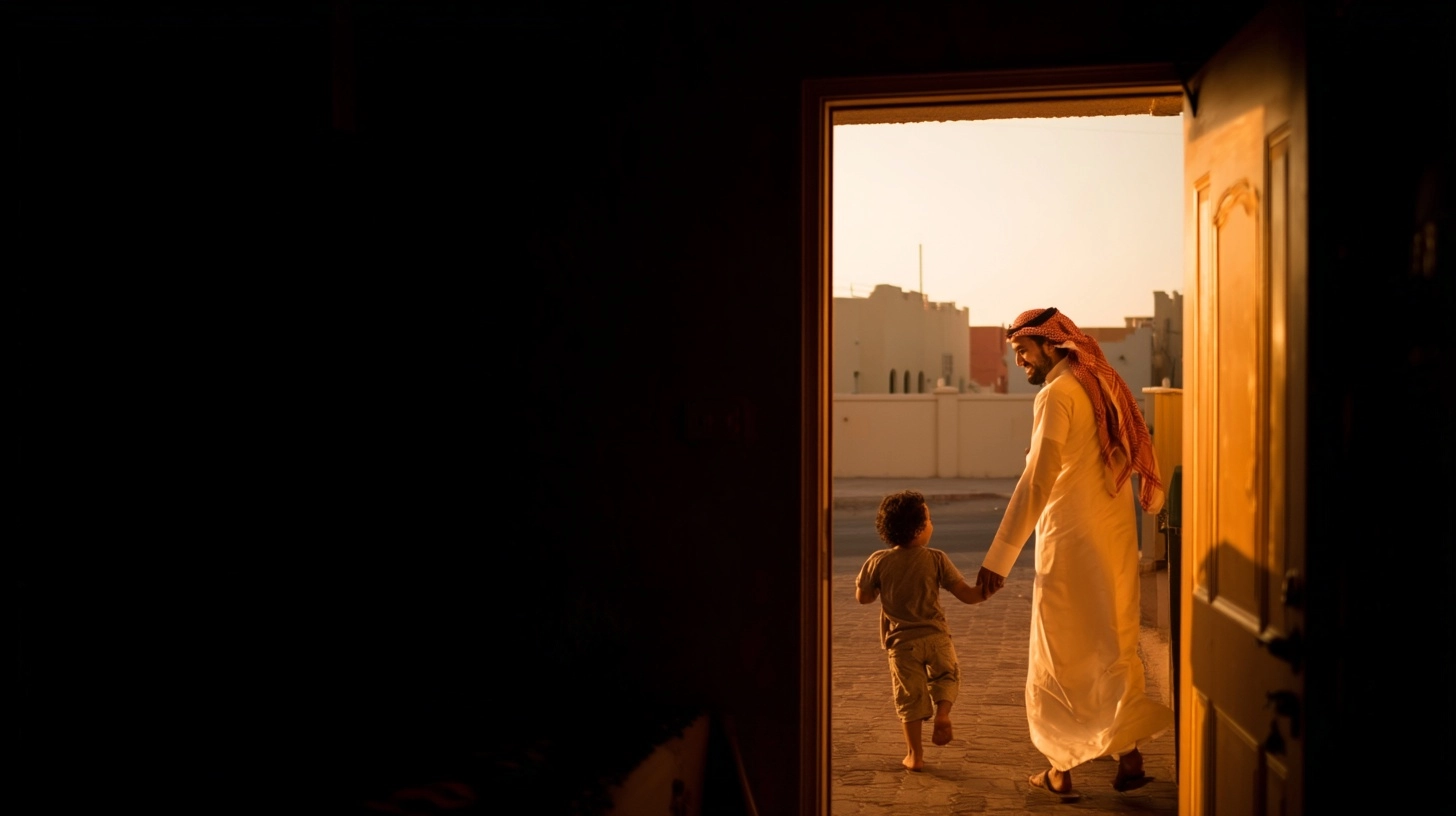 Editorial documentary photograph, a Saudi Arabian father in casual traditional white thobe arriving