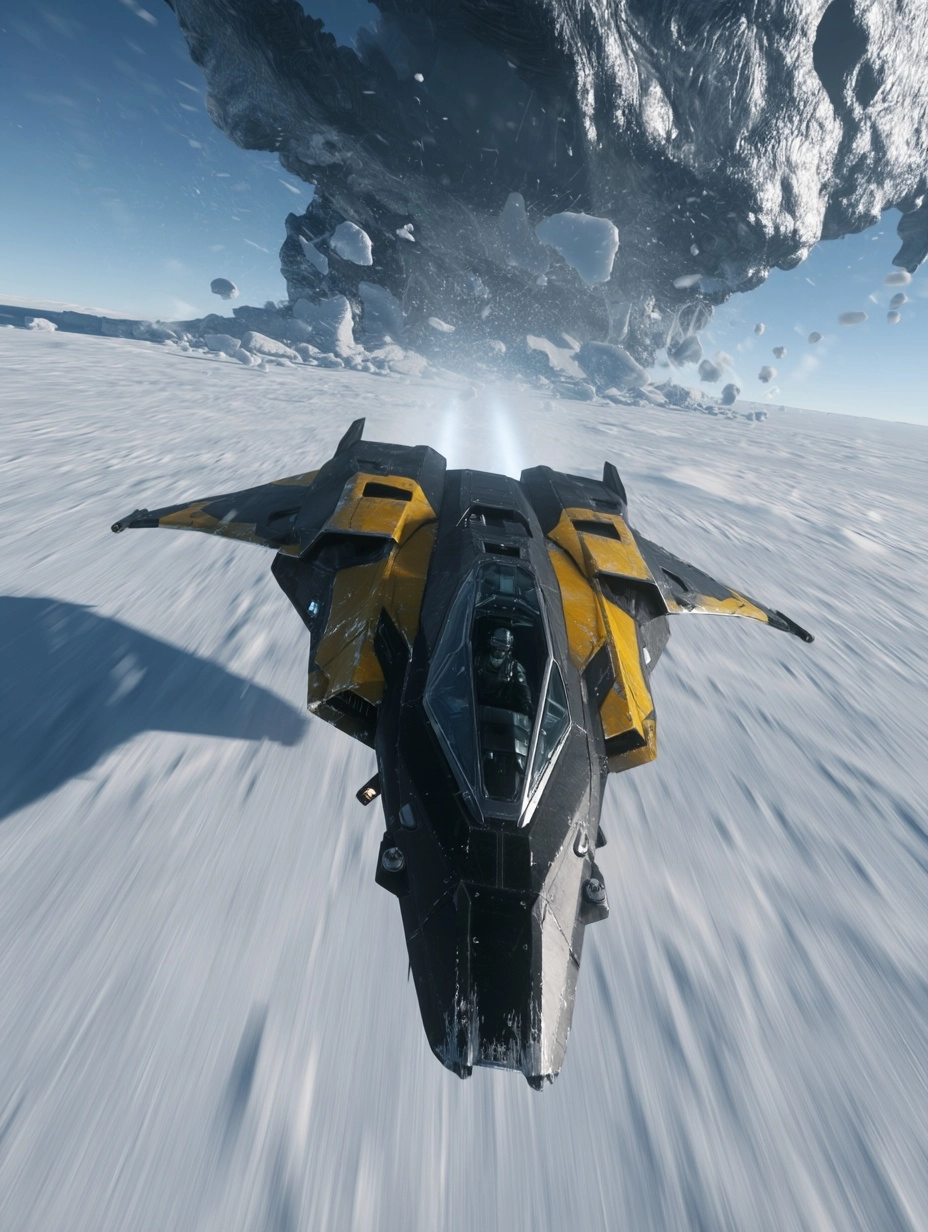Front view of a detailed futruristic black and yellow worn and scraped spacecraft fighter jet with g