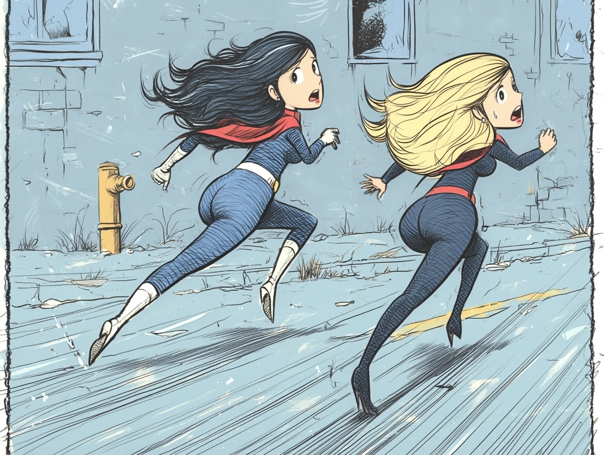 Marker drawing of Two scared beautiful female villains from an Anime with long hair