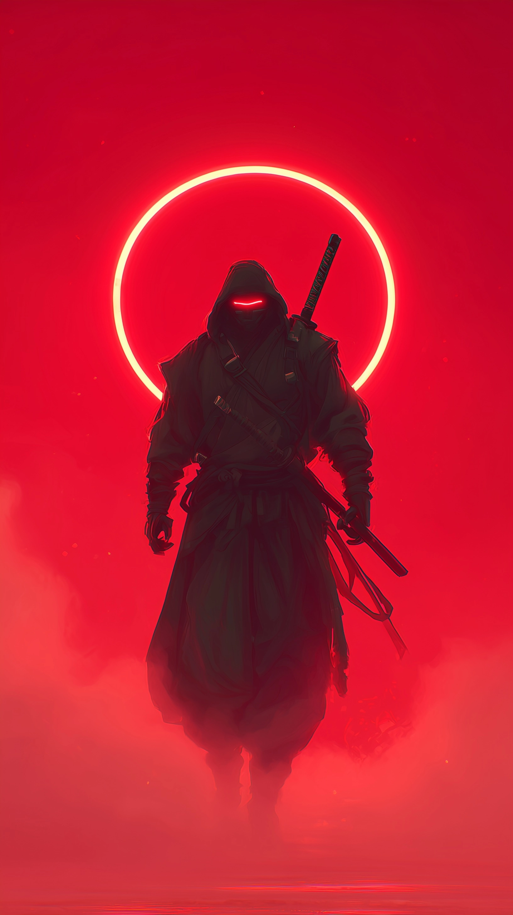 Original dark ronin samurai, full body, walking through crimson fog