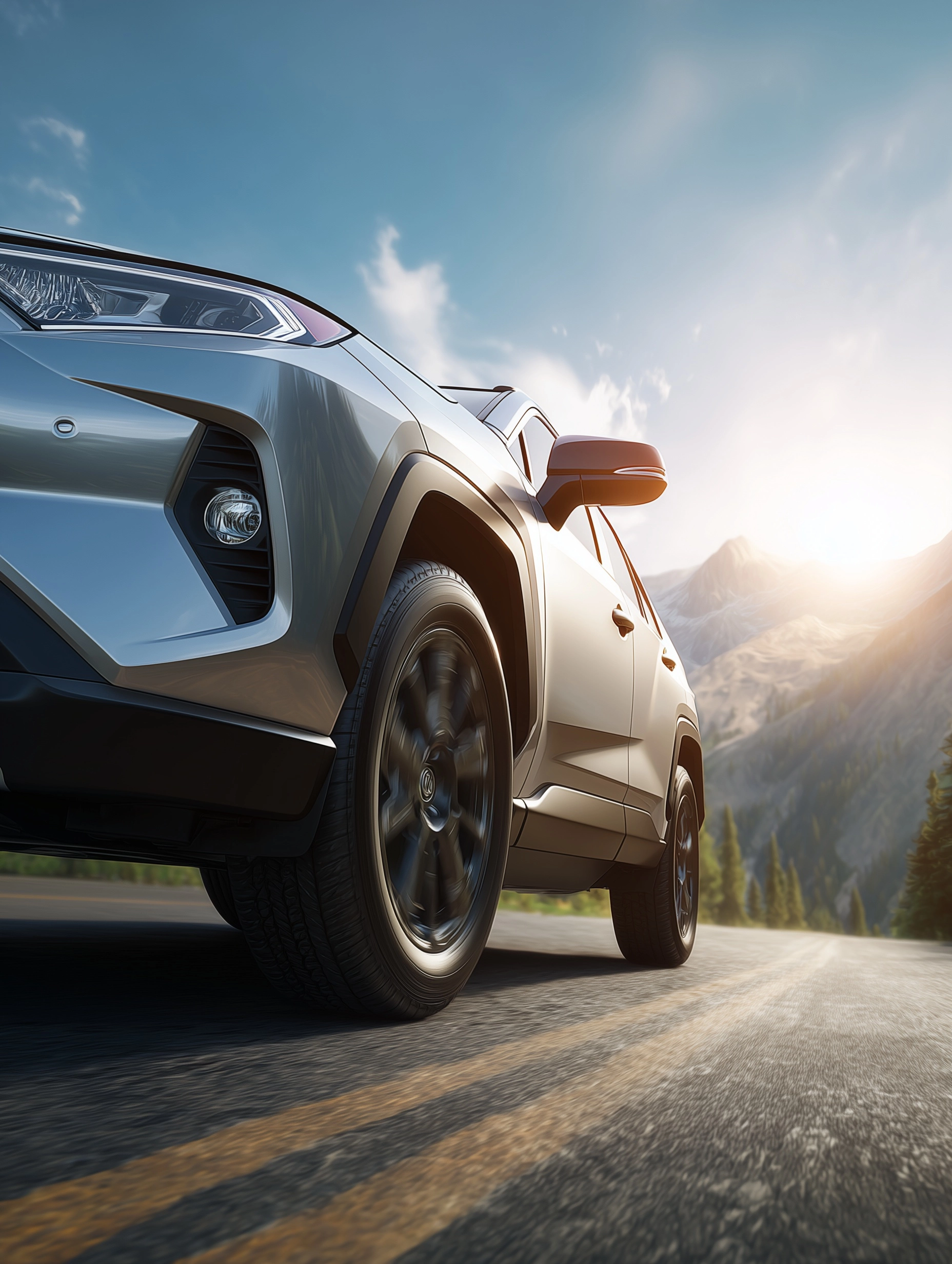Photorealistic SUV crossover vehicle, front 3/4 angle close-up (focus on front wheel and headlight)