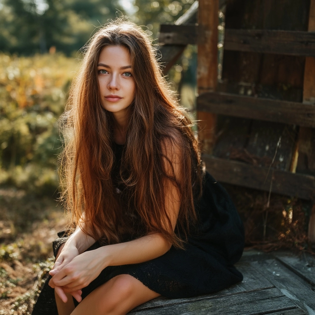 A beautiful girl from Europe or America sitting with a pose, fair skin, perfect figure, mid shot