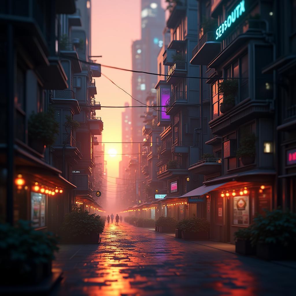 Cyberpunk Cityscape Glowing at Golden Hour