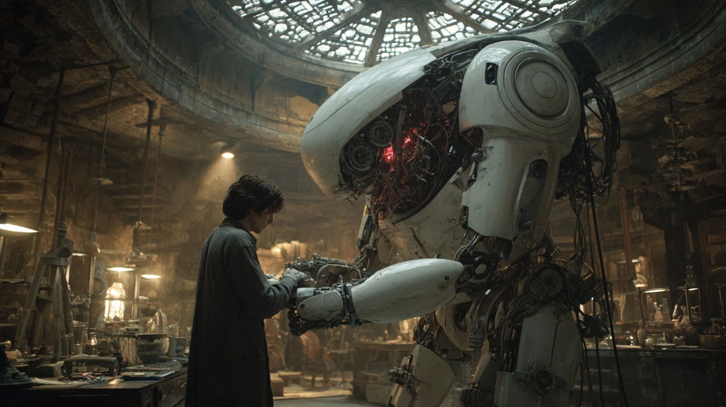 A human building a robot in secret, in a lab, in the style of the dune latest movies