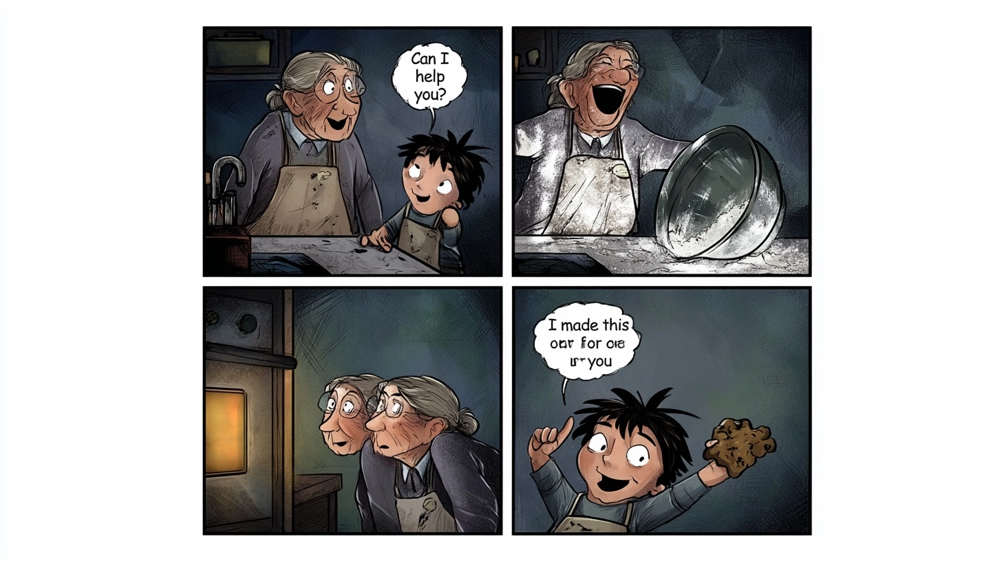 A 4-panel square format comic strip with photographic style